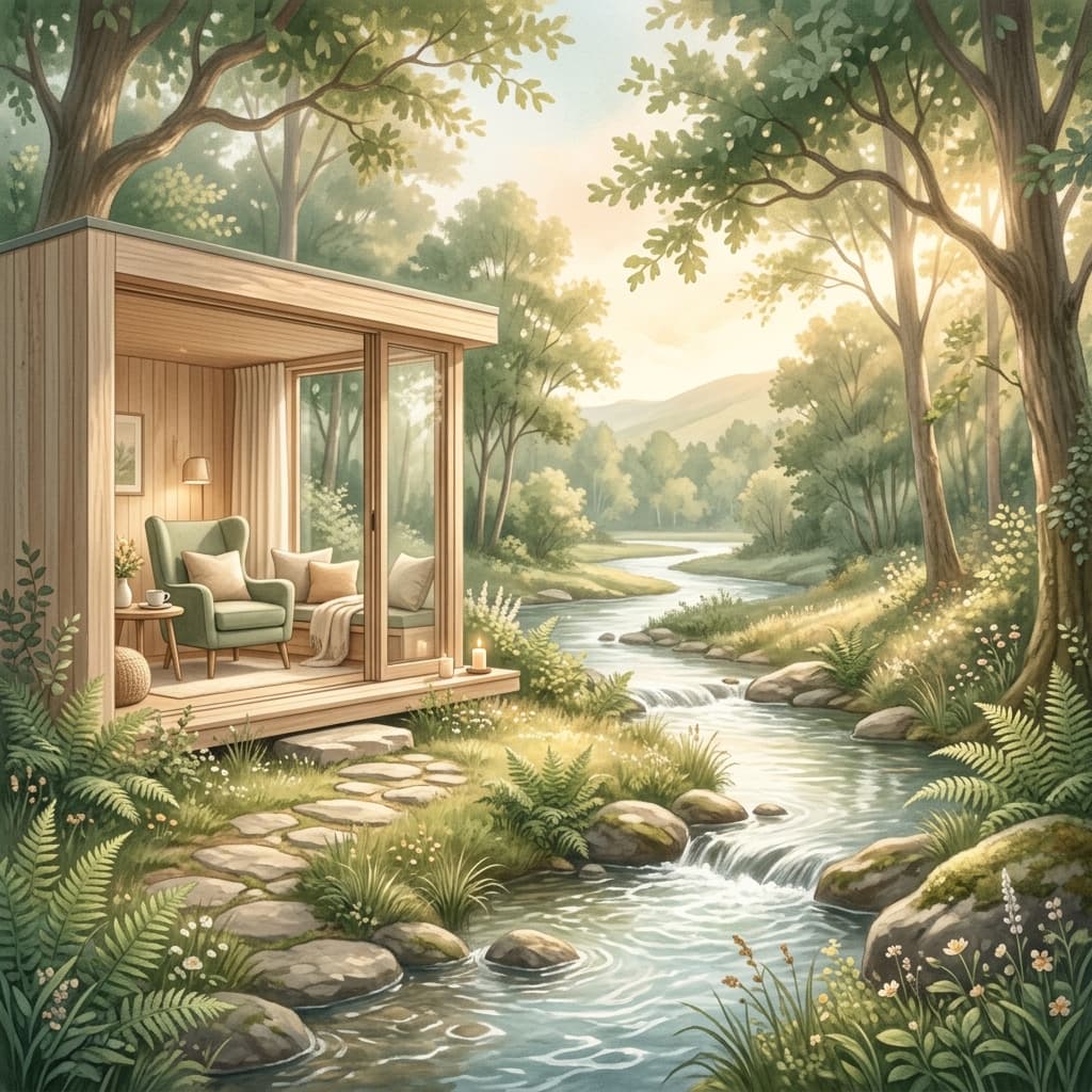 A serene healing environment with soft light and natural elements